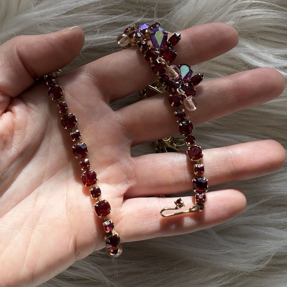 Vintage Kramer Demi-Parure Red Aurora Borealis AB Teardrop Pink Dangle Balls - Picture 7 of 16